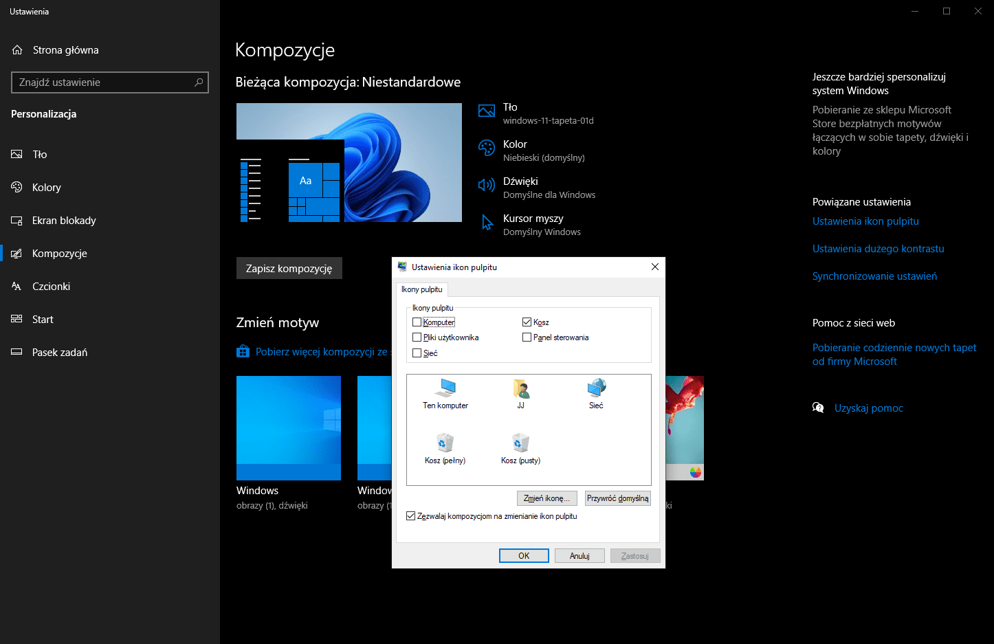 Ustawienia personalizacji Windows 11.