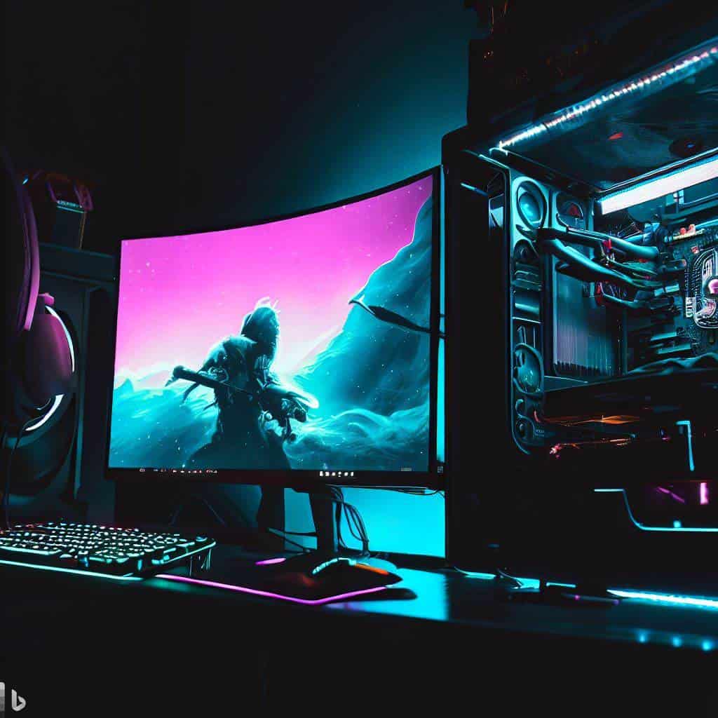 Komputer gamingowy z podświetleniem RGB i monitorem LED.
