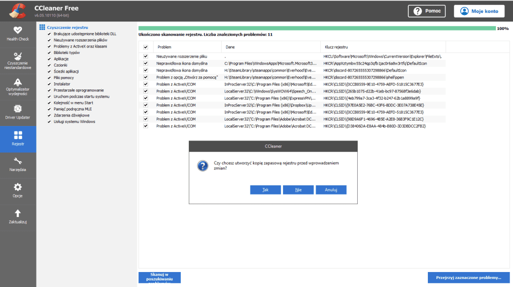 Czyszczenie rejestru w CCleaner