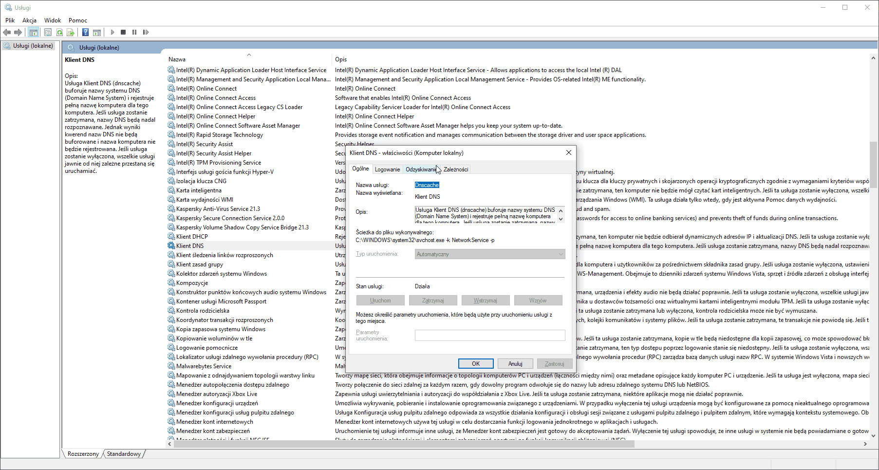 Zrzut ekranu ustawień usługi DNS w systemie Windows.