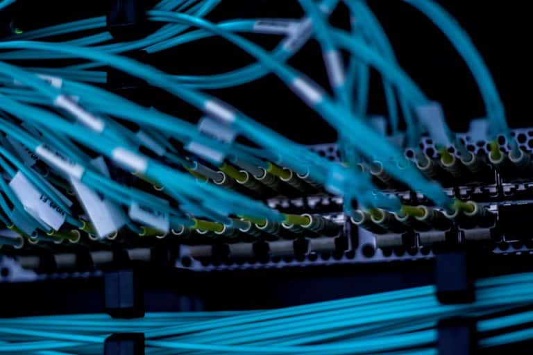 Zaplecze sieciowe, kable Ethernet w serwerowni.