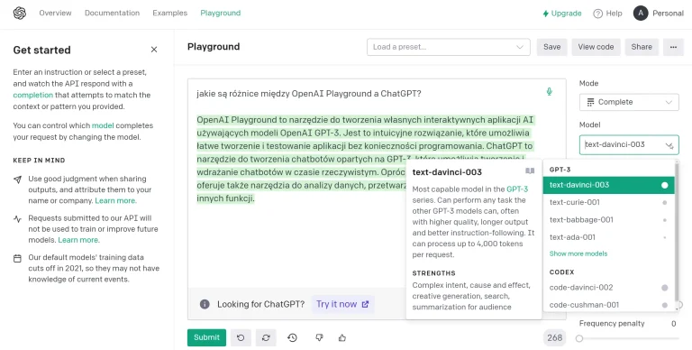 Interfejs OpenAI Playground z tekstem po polsku.