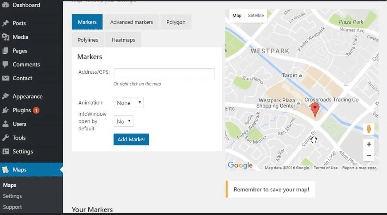 Interfejs dodawania znaczników na mapie Google.