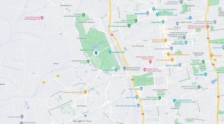 Mapa Łodzi z zaznaczonymi atrakcjami i ulicami.