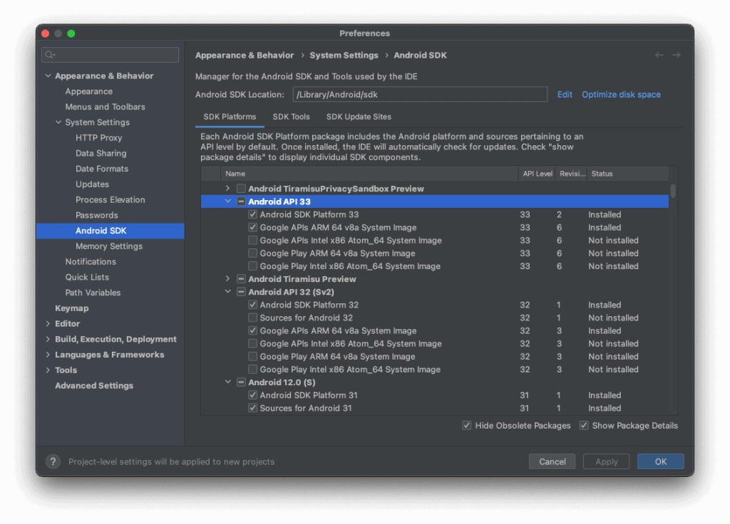 Tak wyglądają ustawienia Android SDK
