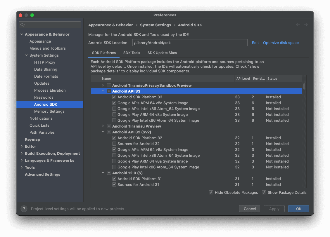 Ustawienia Android SDK w IDE.