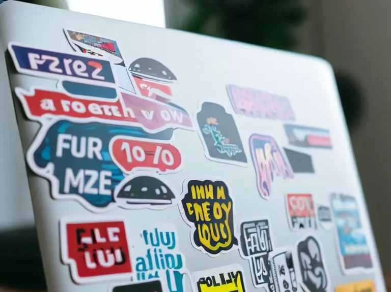 Laptop pokryty kolorowymi naklejkami.