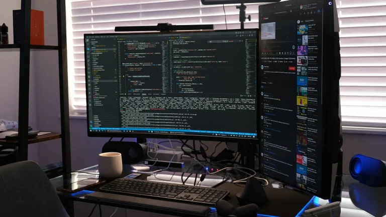 Domowe biurko programisty, dwa monitory, kod komputerowy.