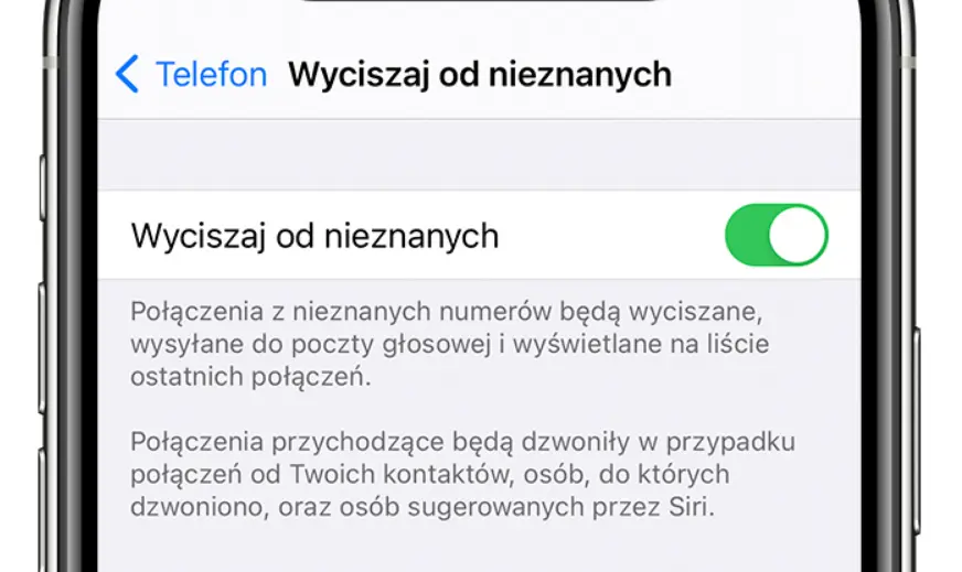 Ustawienia wyciszania nieznanych numerów telefonu.