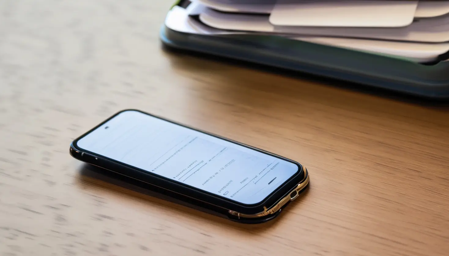 Smartfon na drewnianym biurku obok notatników.