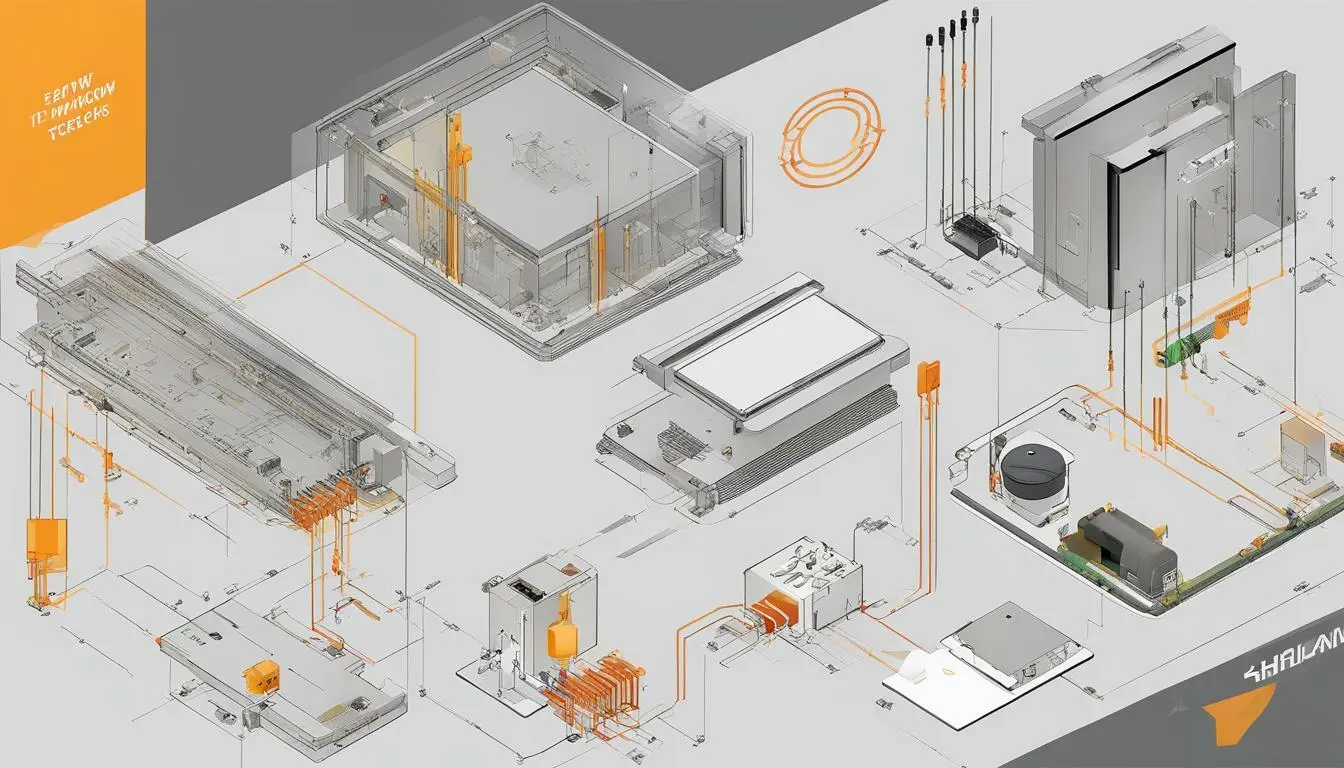Schemat techniczny urządzeń elektronicznych i komponentów.