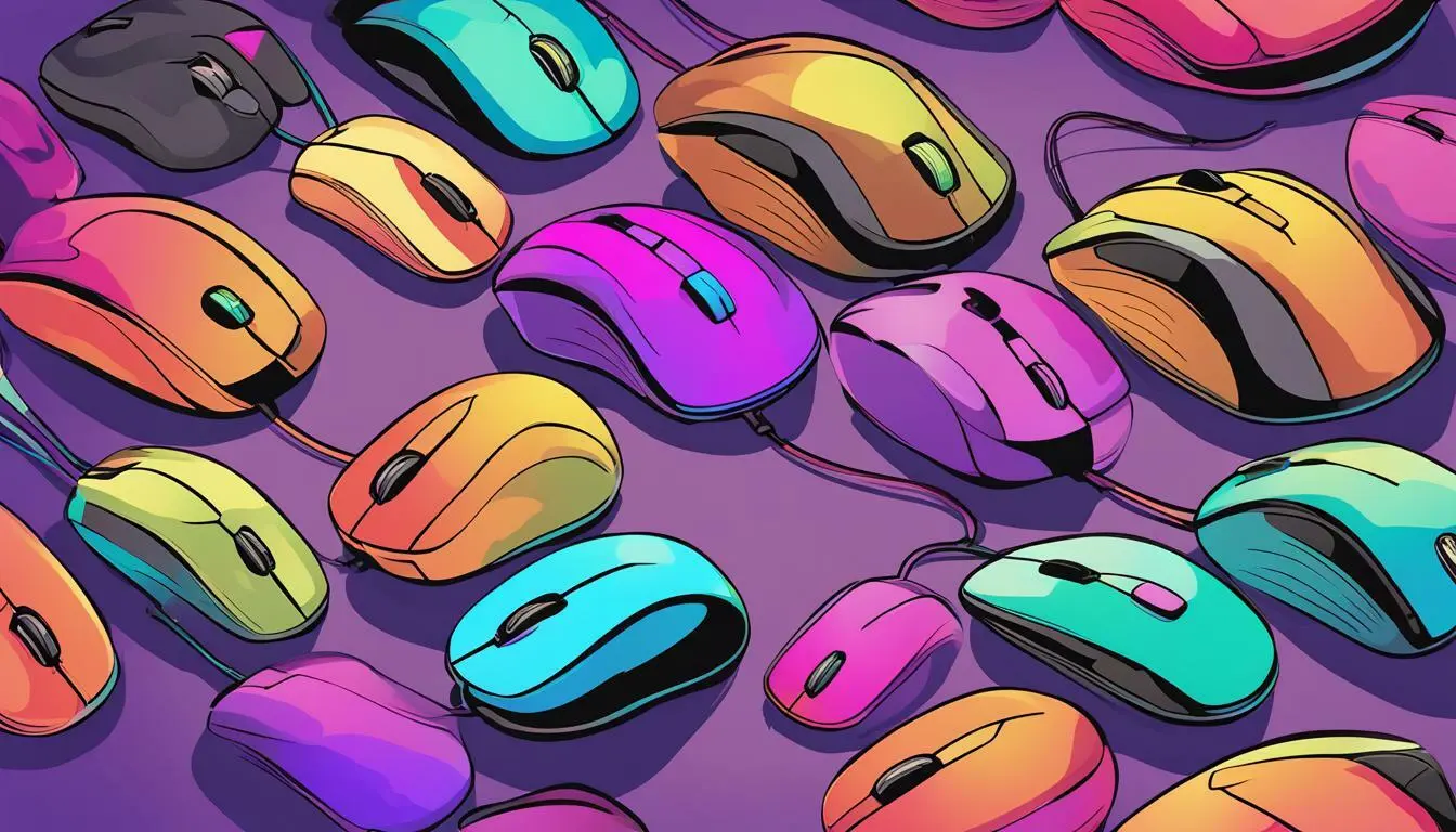 Kolorowe myszy komputerowe na fioletowym tle.