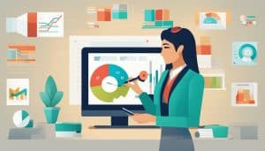 Analityk biznesowy prezentuje wykres kołowy na monitorze.