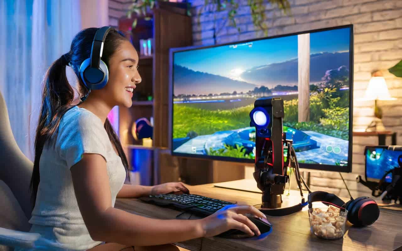 Kobieta grająca w grę komputerową.