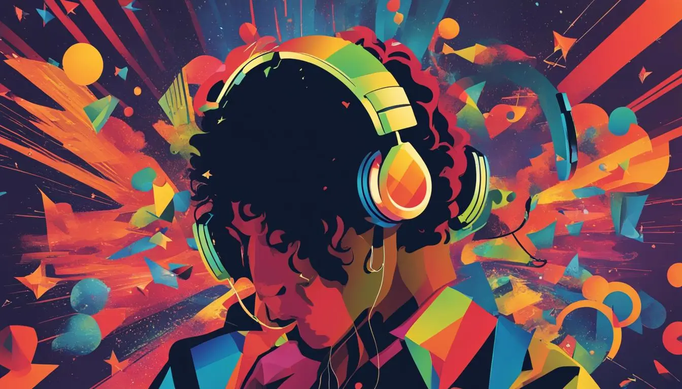 Kolorowa ilustracja osoby w słuchawkach.