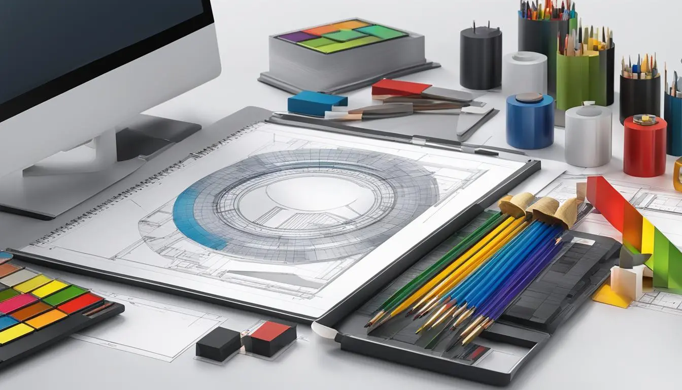 Biurko projektanta z narzędziami i rysunkami architektonicznymi.